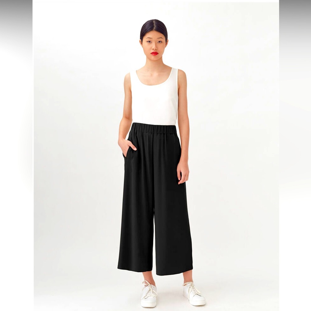 Cuyana Washable Silk Wide Leg Cropped Pants Black Size M Elastic Waist
